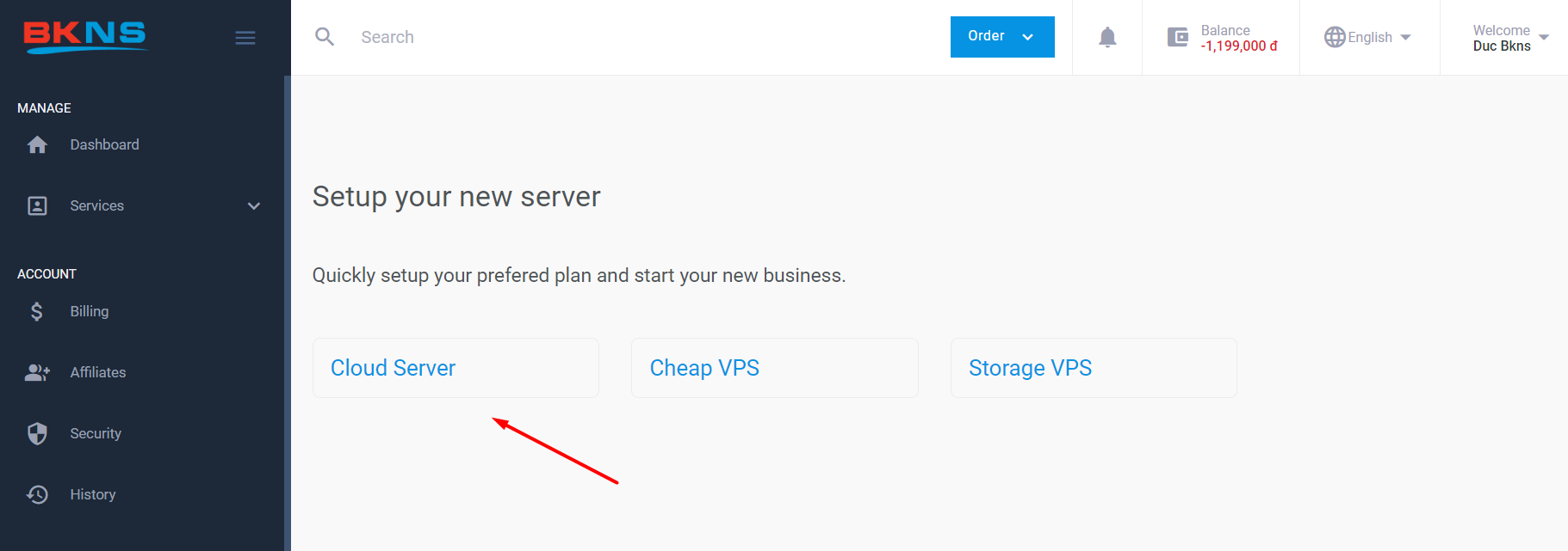 Chọn gói dịch vụ "Cloud Server"