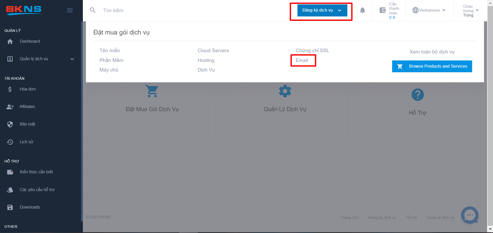 Đăng ký dịch vụ Email