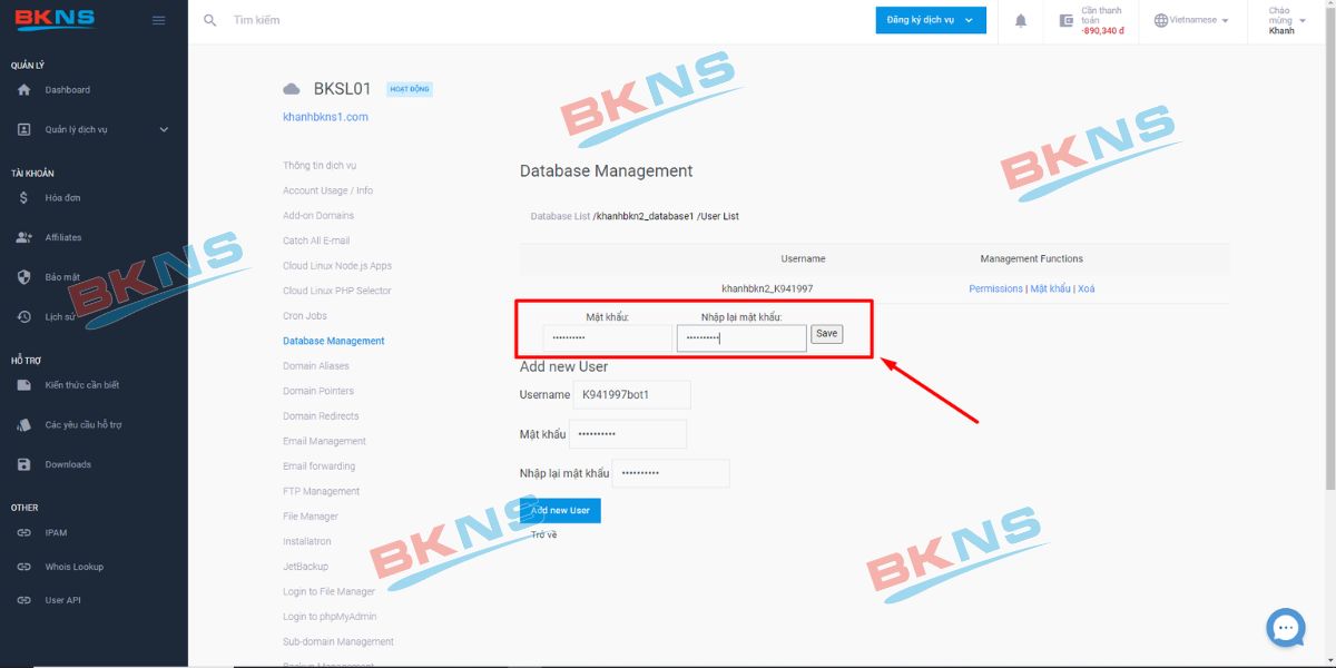 Phần Mật khẩu thay đổi mật khẩu User