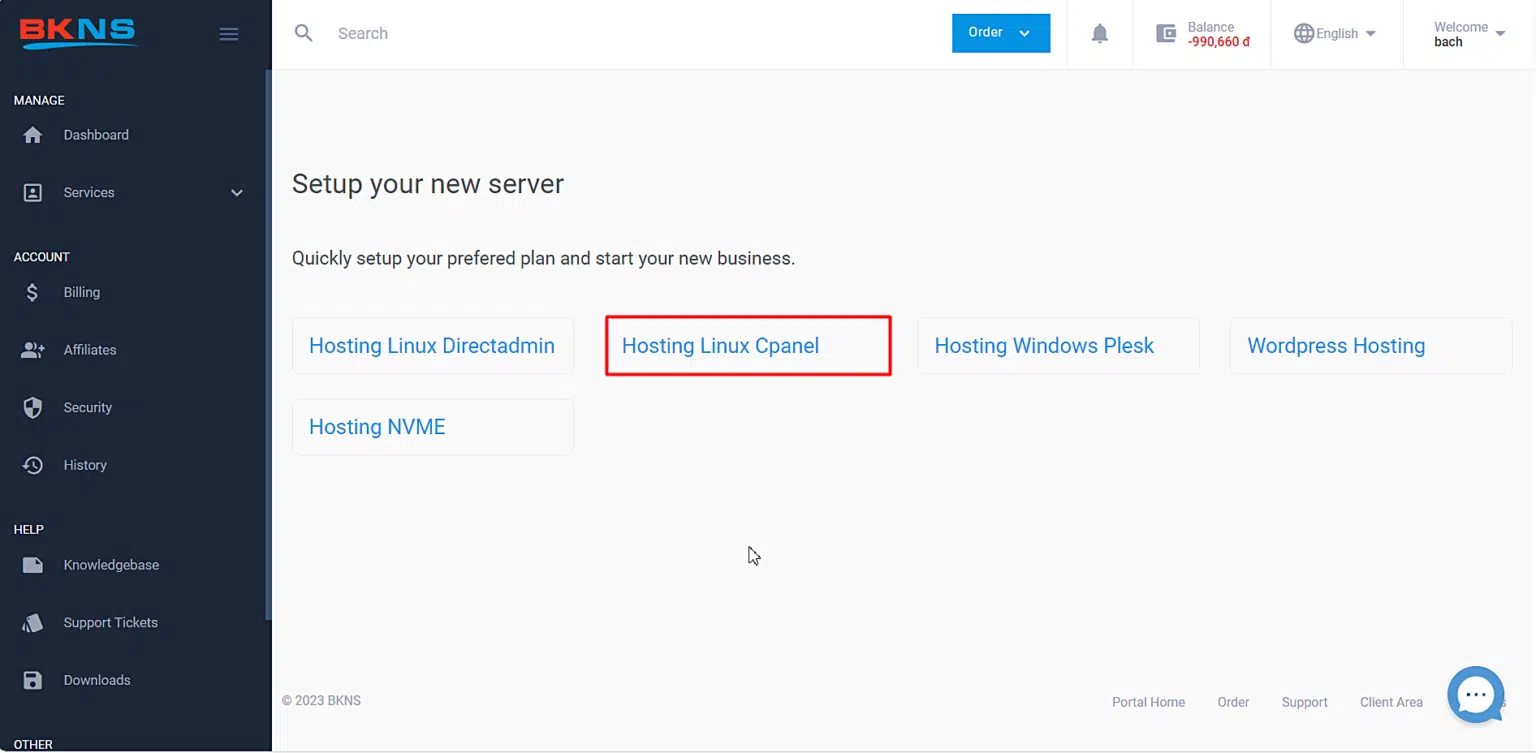 Chọn "Hosting Linux Cpanel"
