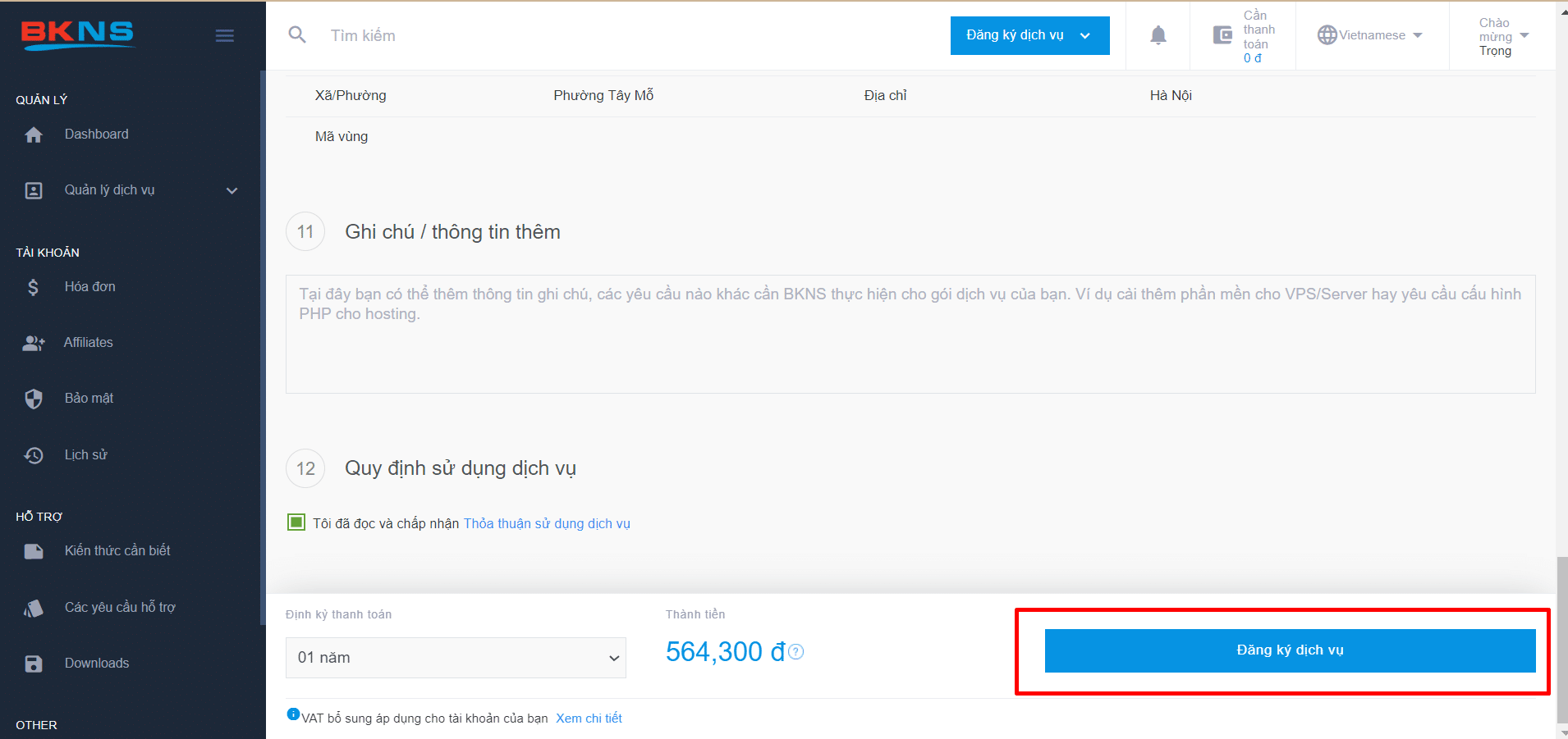 Click vào "Đăng ký dịch vụ"