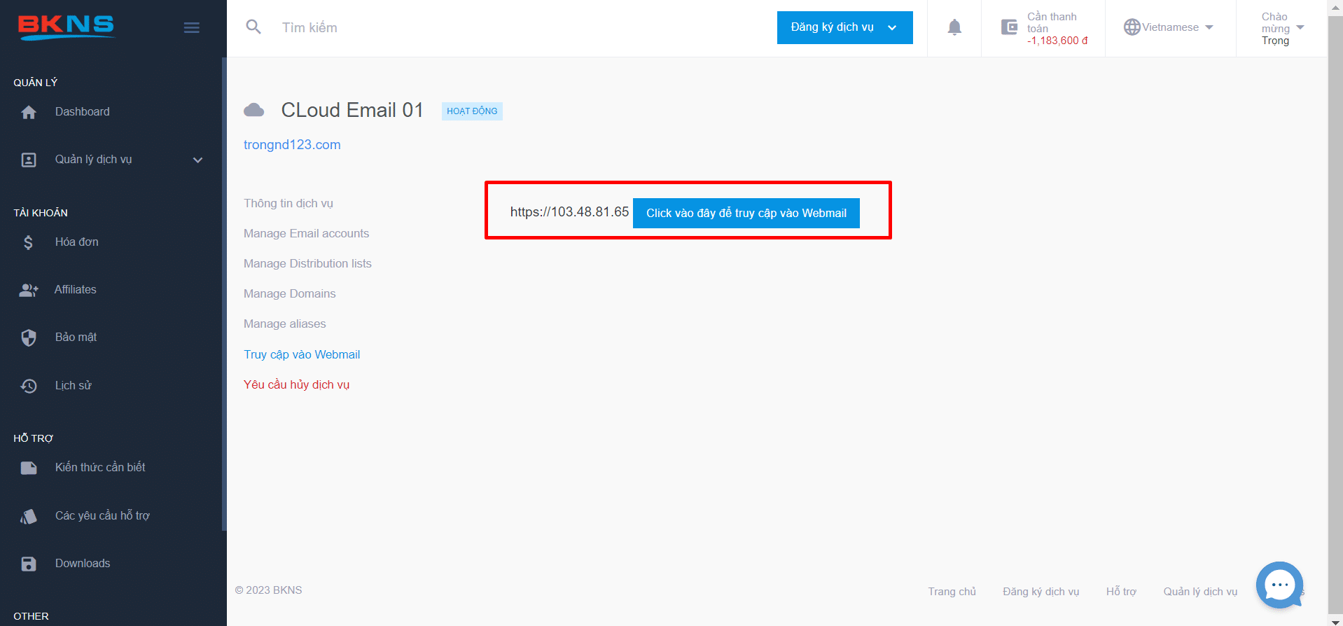 Truy cập vào Webmail