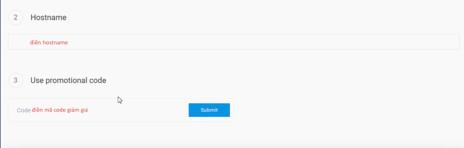 Điền Hostname và Mã giảm giá