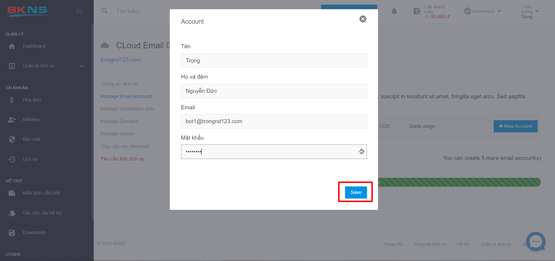Lưu thông tin tạo Email