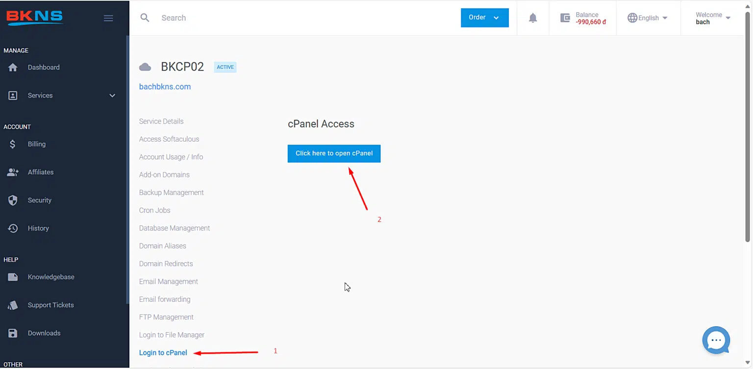 Mở cPanel