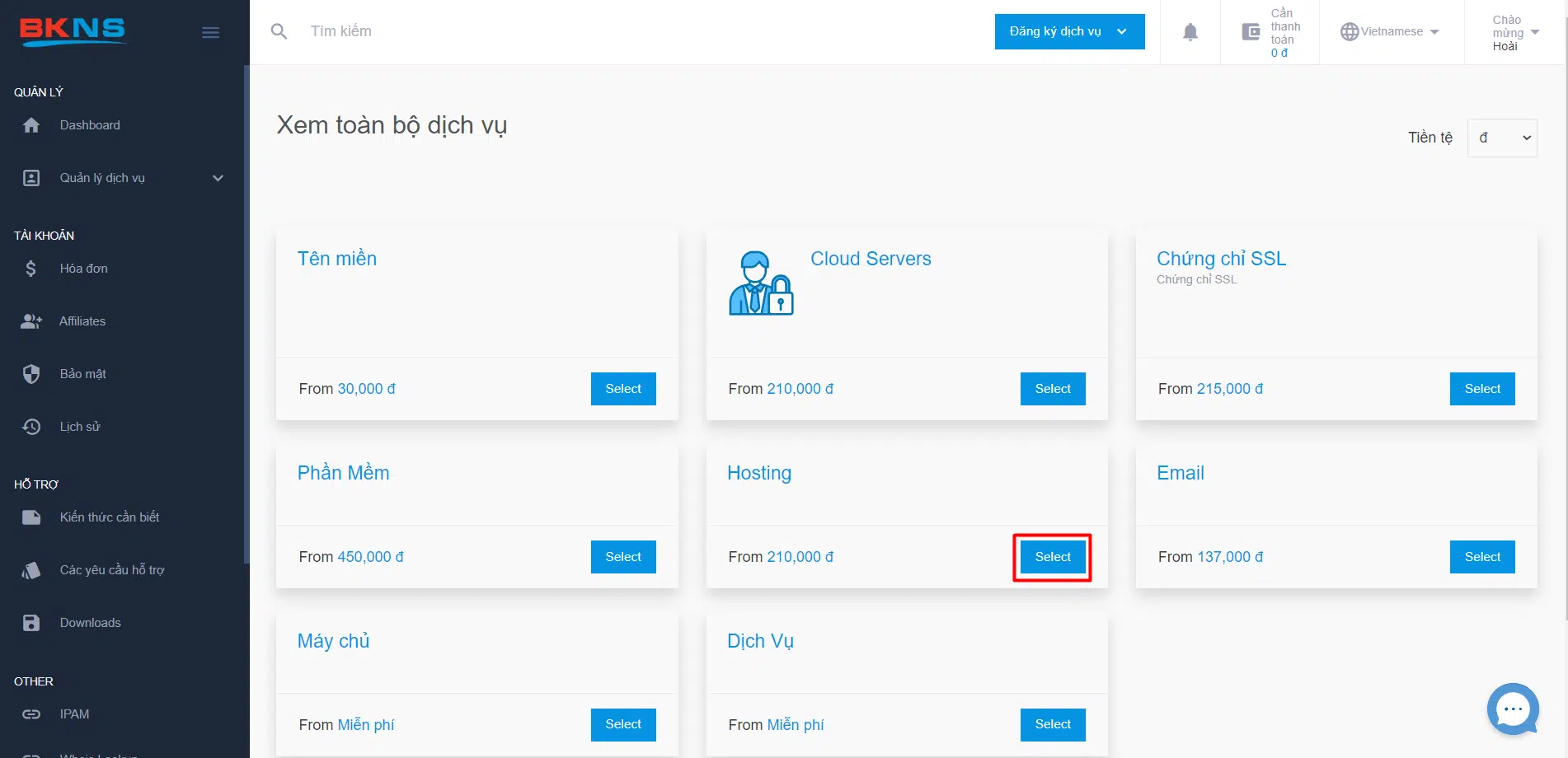 Nhấn chọn mục "Hosting"