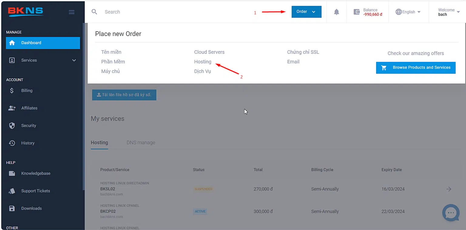 Order dịch vụ cPanel