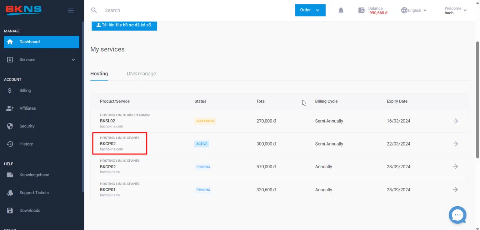 Truy cập vào Hosting