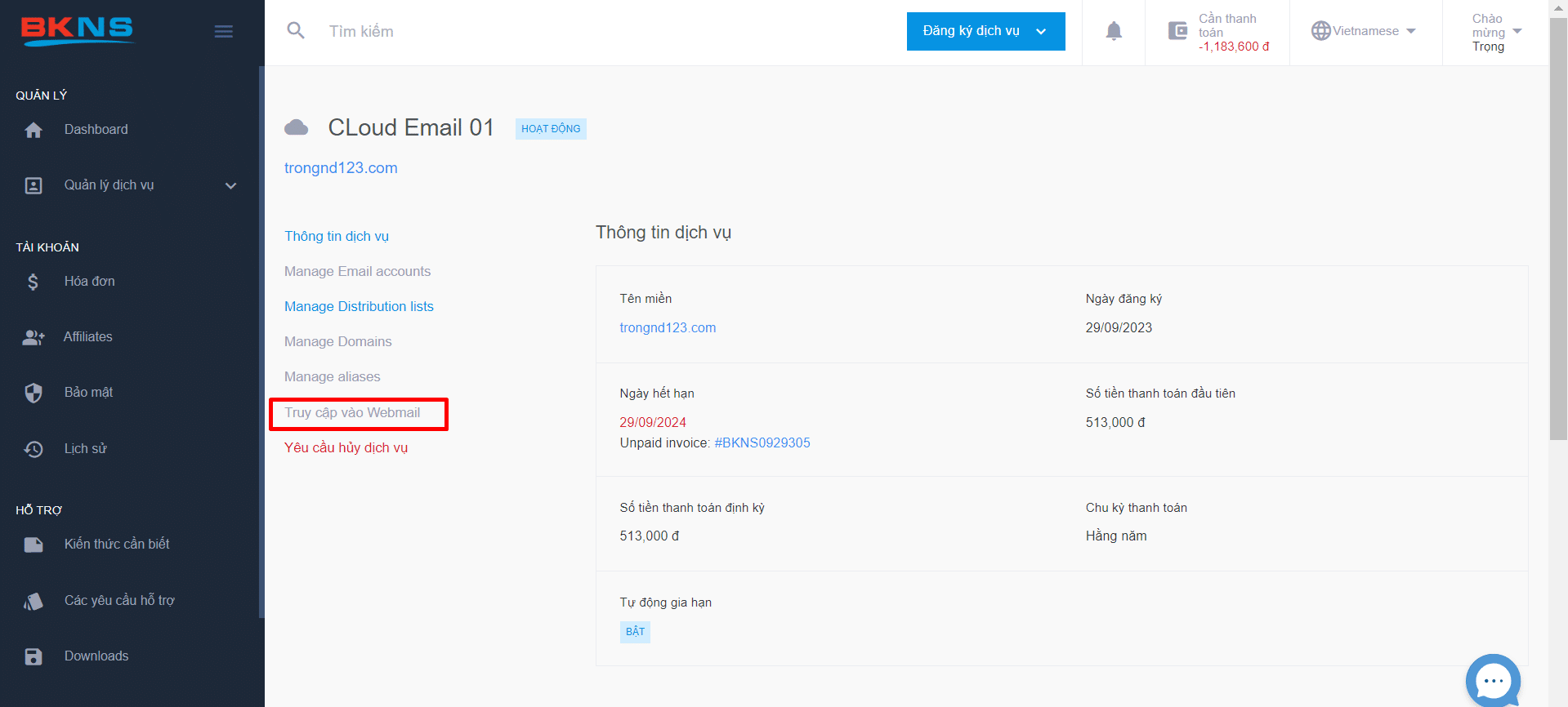 Nhấn vào "Truy cập vào Webmail"