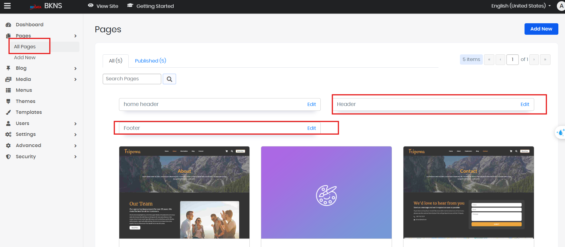 Nhấp vào biểu tượng chỉnh sửa của Header Page hoặc Footer Page