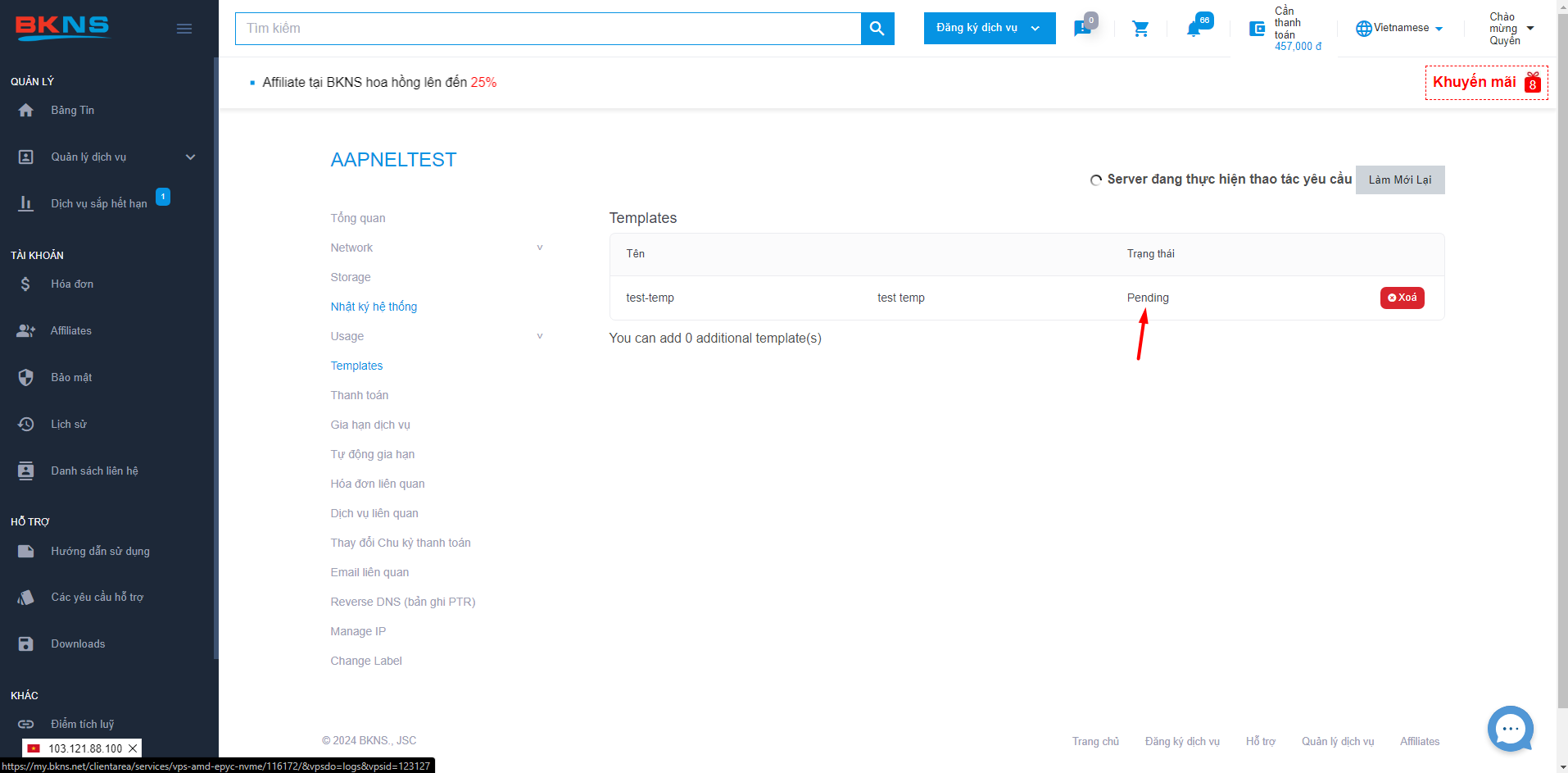 Template ở trạng thái Pending, VPS ở trạng thái Templating