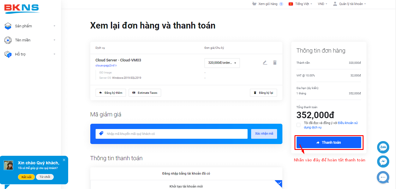 Hoàn tất thanh toán VPS